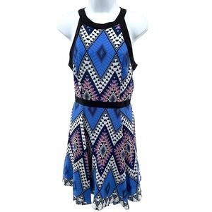 Yumi Kim Silk Racerback Mini Dress S Blue Aztec Geo Tribal Print Fit‎ Flare